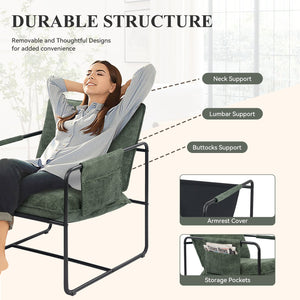 English Elm Accent Chair Mid-Century Rattan Arms Set of 2 with Rubber Wood Legs, Plush Fabric Seat, Cozy Lounge Green T3950P399125