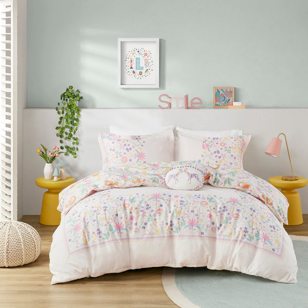 English Elm Full/Queen UHK Lulu Reversible Floral Cotton Duvet Set with Jungle Animals, Pom Pom Pillow, BCI Cotton B035P217814