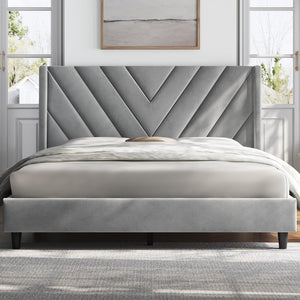 English Elm Queen Upholstered Platform Bed Gray Fabric Headboard Wooden Slat No Box Spring W5239P452887