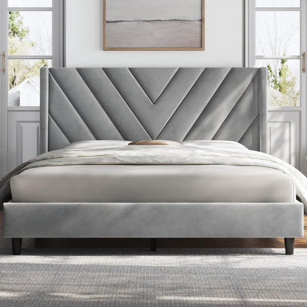English Elm Queen Platform Bed Gray Upholstered High Back Headboard Wooden Slat Support Bedroom W5239P452004