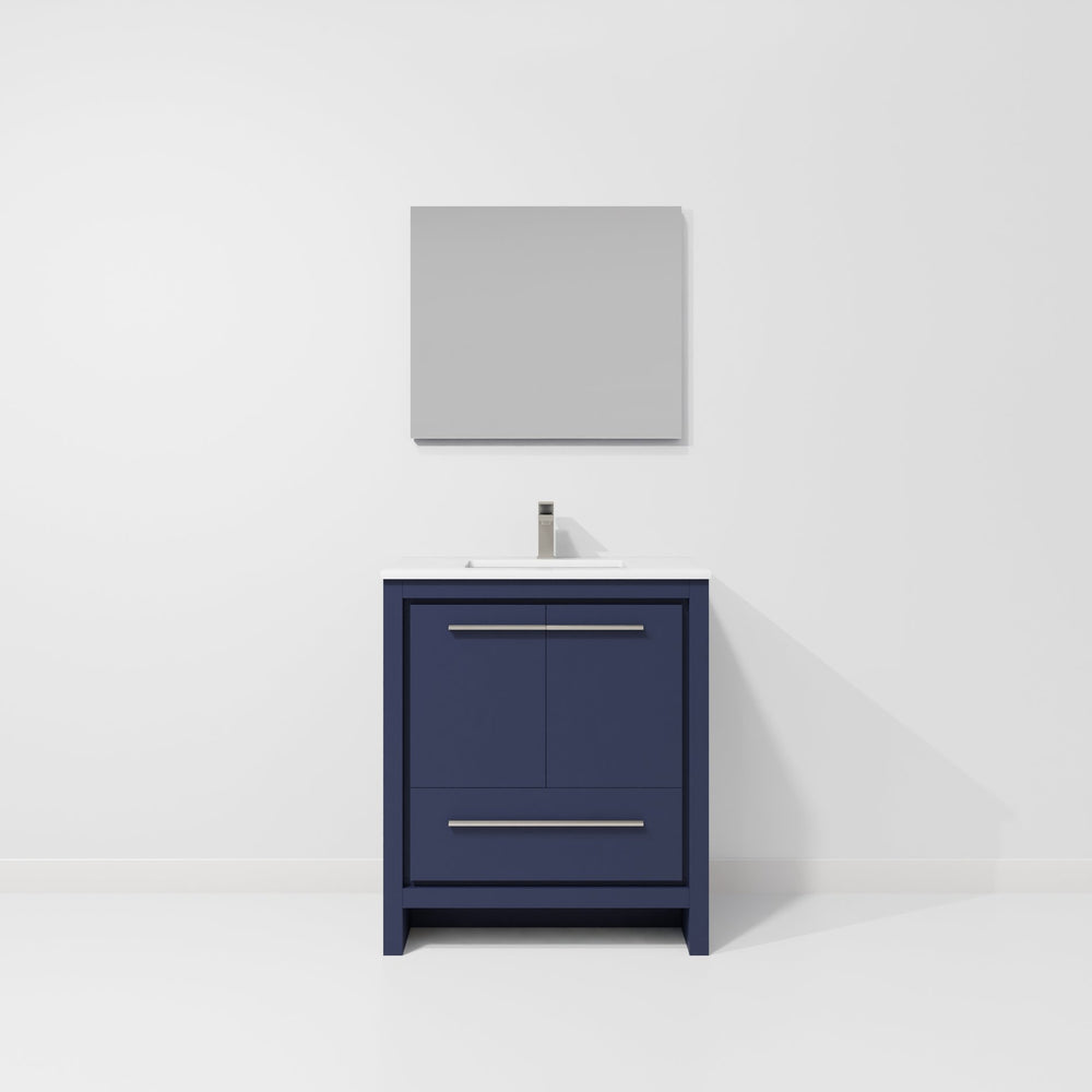 English Elm Navy Blue Single Bath Vanity Set With White Quartz Top, Gun Metal Faucet & 28 In. Mirror Included B2731S02045