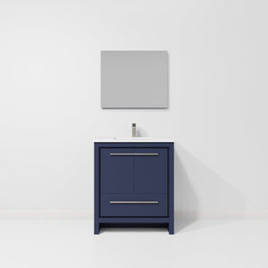 English Elm Navy Blue Single Bath Vanity Set With White Quartz Top, Gun Metal Faucet & 28 In. Mirror Included B2731S02045