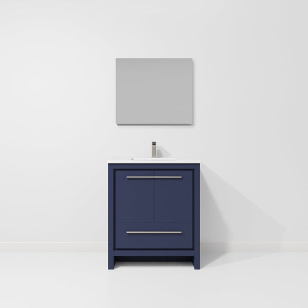 English Elm Navy Blue Single Bath Vanity Set With White Quartz Top, Gun Metal Faucet & 28 In. Mirror Included B2731S02045