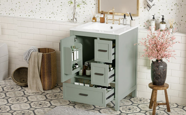 English Elm Modern 24 Inch Bathroom Vanity Solid Wood Cabinet with Ceramic Sink and Soft Close Storage Green N729P292859F