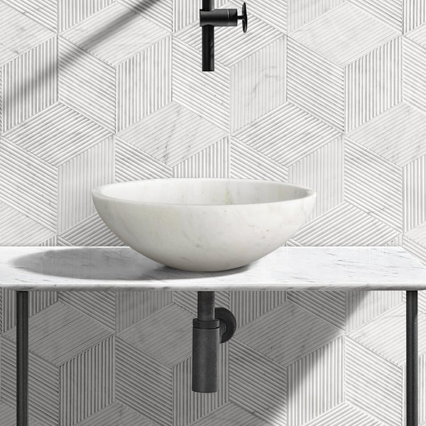 English Elm White Natural Marble Vessel Sink - Semi-Polished Elegance For Modern Bathrooms, 15.7" Diameter W1696P333277-GIGA