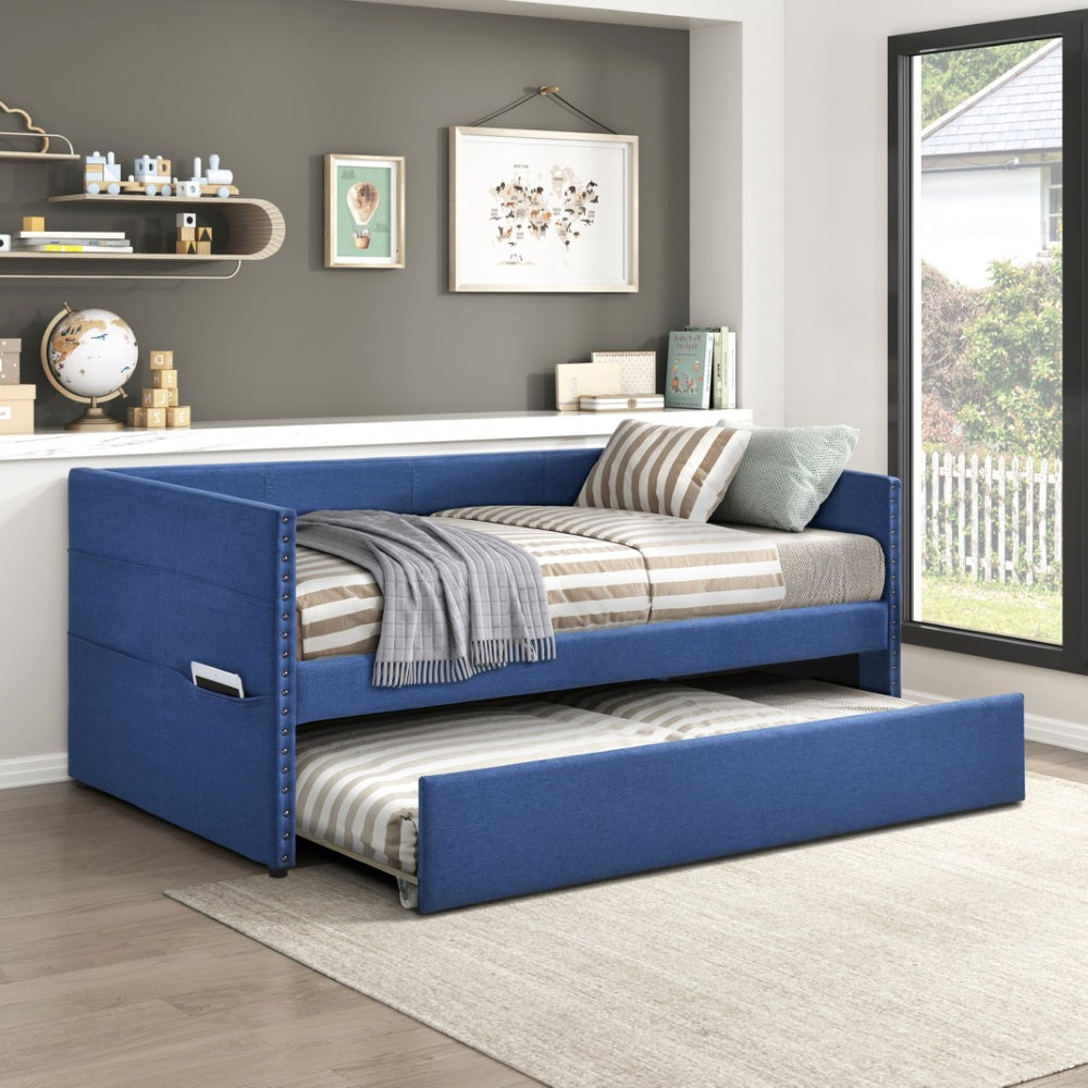 English Elm Modern Upholstered Daybed with Pull Out Trundle Nailhead Trim and Side Storage Pockets Blue B011P419493