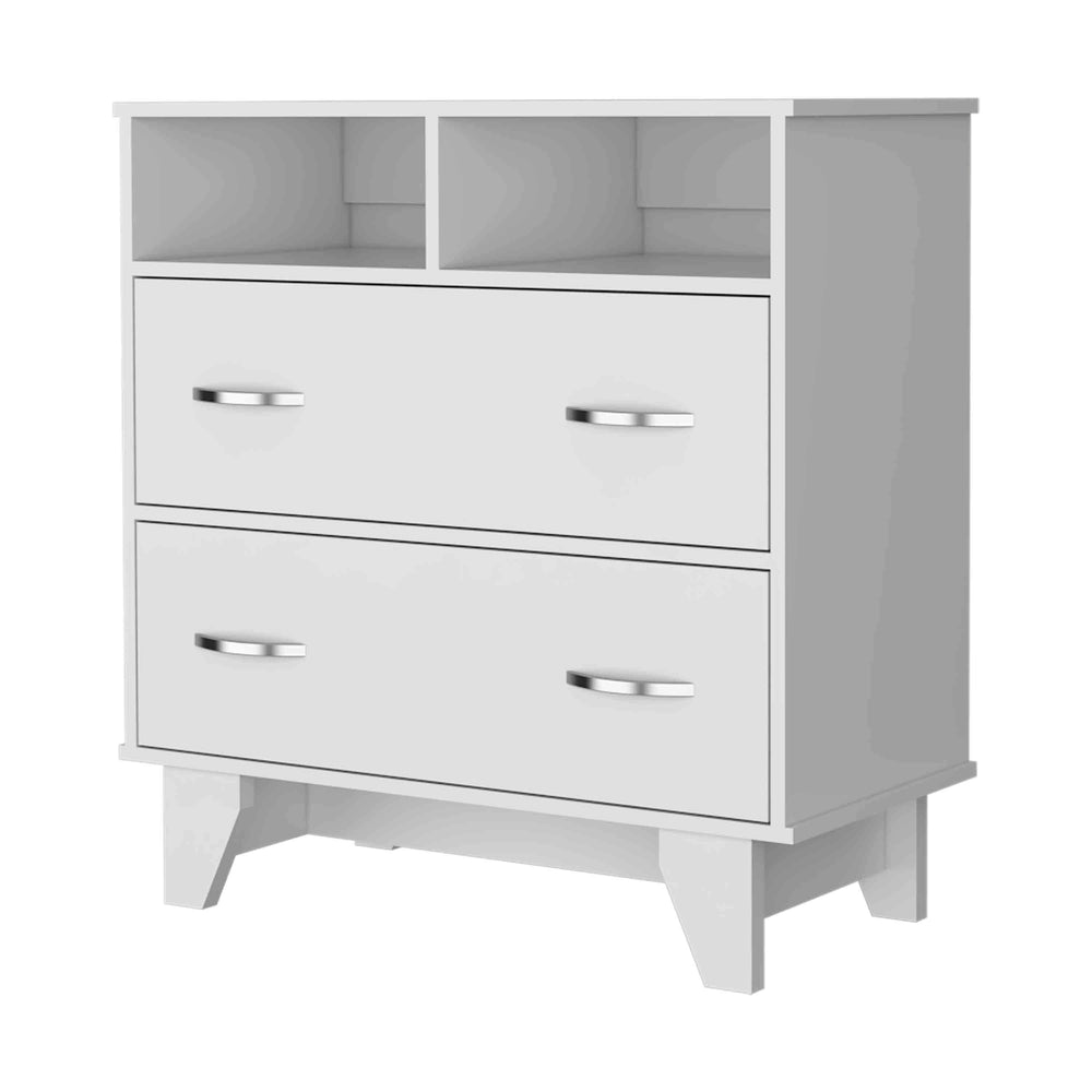 English Elm Portobelo modern two-drawer dresser with open shelves, sturdy top & four legs for stylish storage and display White 36 L x 21 W x 4 H B128S00111