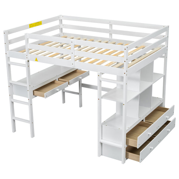 English Elm Full Loft Bed with Built-in Desk, 4 Drawers, 6 Shelves, Pine/MDF White — Space-Saving Study Loft SM000320AAK