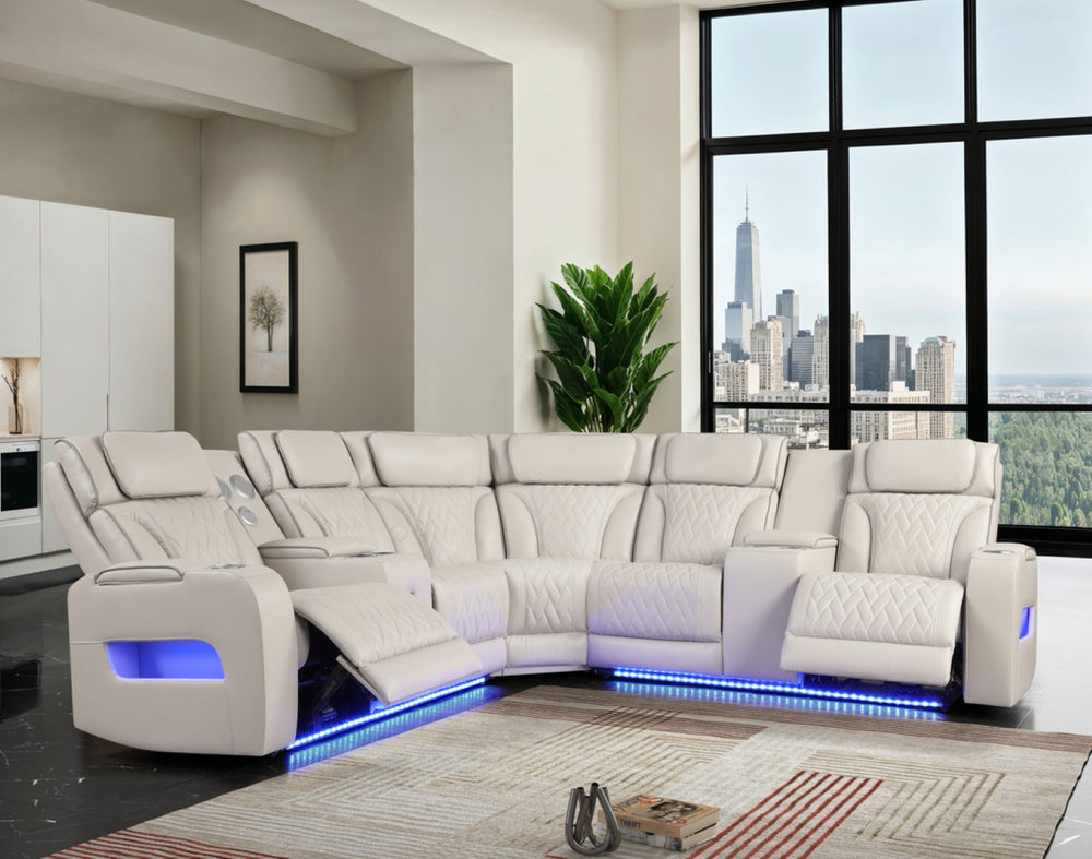 English Elm Jazmina Power Reclining Sectional with Led Lighting Bluetooth Speakers and Usb Charging Ports White B2749S00270