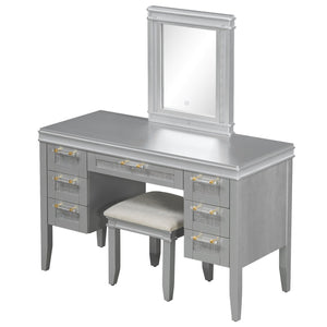 English Elm 48" Makeup Vanity Desk with Led Mirror Bamboo Weave Drawers Cushioned Stool Bedroom Grayish Blue N704P337484E