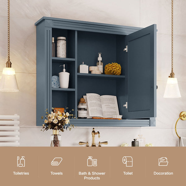 English Elm 35'' Modern Medicine Cabinet with Mirror and Towel Rod, MDF Wall-Mounted Bathroom Storage with Adjustable Shelves and Soft-Close Hinges Blue WF305081AAC