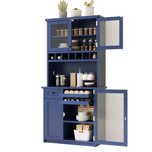 English Elm Topmax Farmhouse Buffet Hutch with Wine Rack Shaker Glass Pantry Cabinet Blue N717P327043C