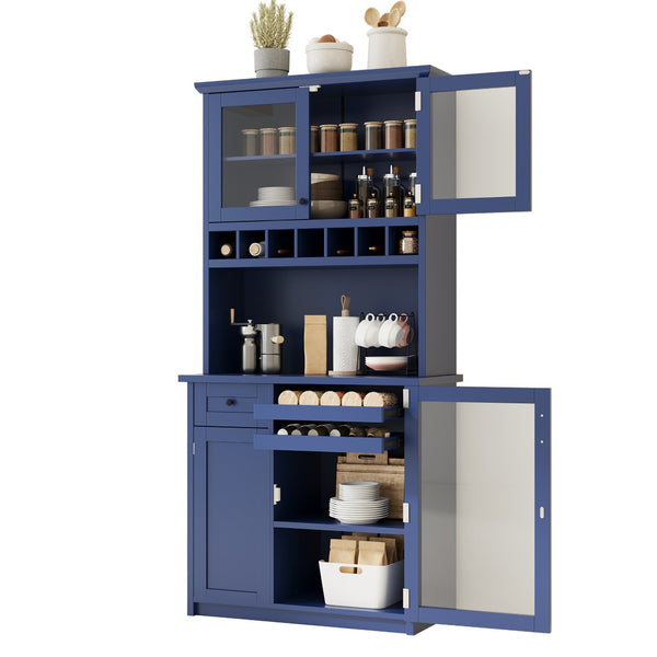 English Elm Topmax Farmhouse Buffet Hutch with Wine Rack Shaker Glass Pantry Cabinet Blue N717P327043C