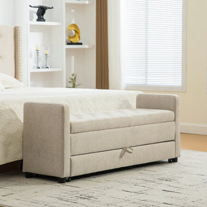 English Elm 58.27" Wide Napped Fabric Upholstered Storage Bench Rolled Armrest Caster Wheels Entryway Griege W3189P445991