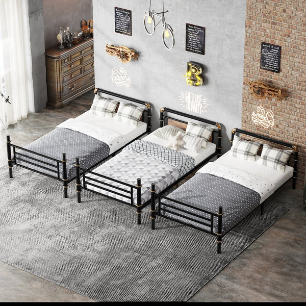 English Elm Quad Quad Bunk Bed for 4 Kids - Heavy Duty Metal Twin Frame, Detachable Triple Layout, Rustic Black Wood Finish, 250lb Capacity Each, Space-Saving Modular Design W2580S00020