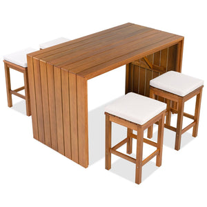English Elm 5 Piece Acacia Wood Outdoor Bar Set with Four Cushioned Stools for Patio Dining N704G201252K
