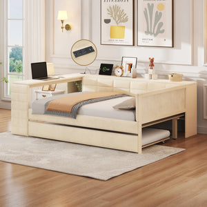 English Elm Full Size Upholstered Platform Bed With Desk, Usb Charging, Trundle & Storage Shelves In Beige Velvet N7090000604A