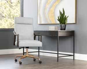 Sunpan COLLIN Office Chair - Luxurious Saloon Light Grey Leather with Warm Oak Arms for Elegance & Comfort 110541