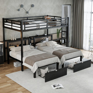 English Elm Twin Triple Bunk Bed Metal L-shaped Frame Sleeps Three Kids White Finish W1580S00480
