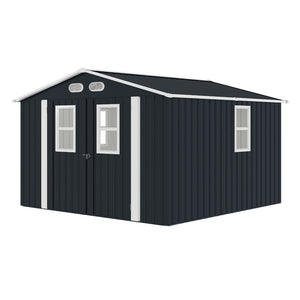 English Elm Outdoor Metal Storage Shed 8x8 Ft with Four Windows and Lockable Double Doors Dark Gray W1598S00041