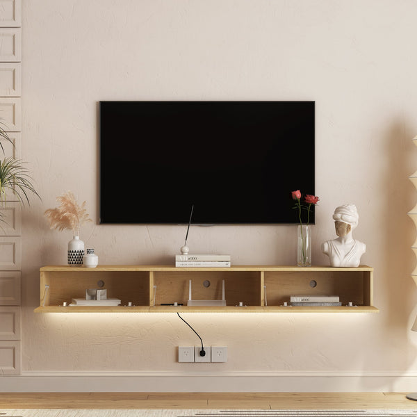 English Elm Floating LED TV Stand Wall Mounted with 16-Color Ambience, Modern Floating Cabinet with Ample Storage for 55–65" TVs Wood 74.8 L x 17.52 W x 5.51 H W1321P300553
