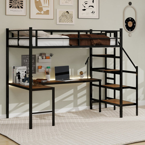 English Elm Loft loft bed with L-shaped desk, built-in storage stairs, 360° guardrail, sturdy iron frame for small rooms Black W1935S00003