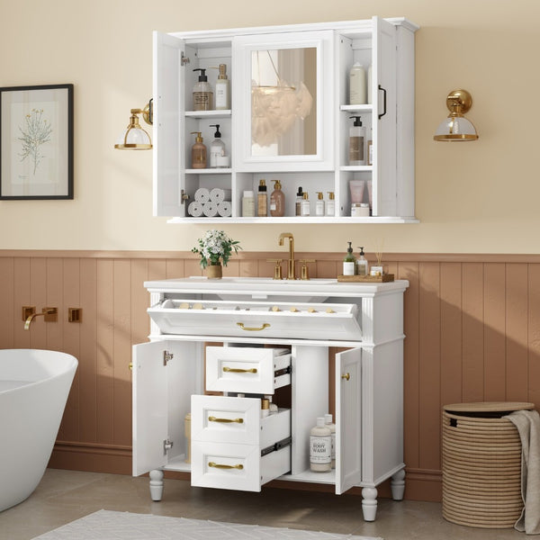 English Elm 36" Freestanding Single Sink Bathroom Vanity Rubberwood Cabinet with Matching Mirror White N725S314034K