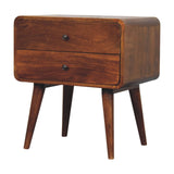 Large Solid Mango Wood Curved Chestnut Bedside Table with 2 Drawers & Nordic Legs - 21.65 x 15.75 x 23.62