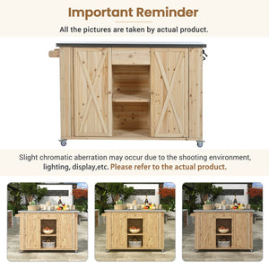 English Elm Outdoor Kitchen Island Solid Fir Wood with Foldable Stainless Top, Ample Storage, Wheels, Opener Natural Wood N719P246553Y