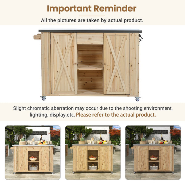 English Elm Outdoor Kitchen Island Solid Fir Wood with Foldable Stainless Top, Ample Storage, Wheels, Opener Natural Wood N719P246553Y
