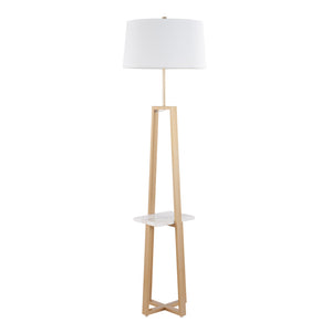 English Elm Cosmo Geometric Floor Lamp with Marble Shelf and White Linen Shade, Gold Glam Accent for Living Room B202S01377