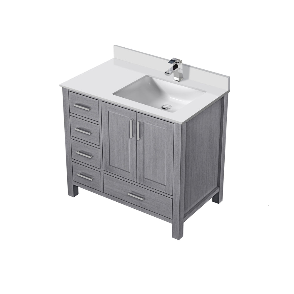 English Elm Distressed Grey 36" Bath Vanity with Right Offset White Quartz Top, Soft-Close Drawers & Faucet Set B2731P259044