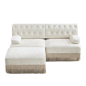 English Elm L-shaped Velvet Chesterfield Sectional Sofa with Tassel Skirt and Tufted Modular Design Beige W714S01682