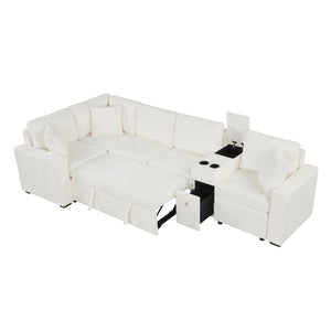 English Elm 120.5" L-shaped Convertible Sofa Bed Modular Sectional with Pull-Out Sleeper, Chenille, Storage, Cup Holders White N719S001940K