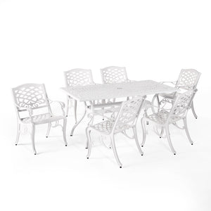 English Elm Christopher Knight Home® - Monterey Cast Aluminum 7-Piece Outdoor Dining Set in White — Floral Lattice Table, Rust-Resistant Elegance 54589.00WHI-6_57704.00WHI