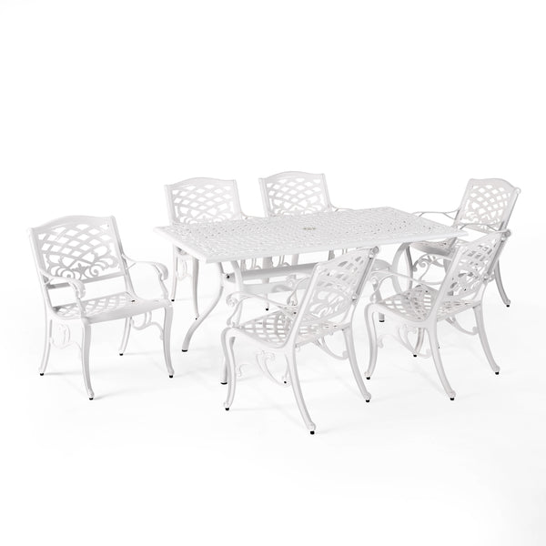 English Elm Christopher Knight Home® - Monterey Cast Aluminum 7-Piece Outdoor Dining Set in White — Floral Lattice Table, Rust-Resistant Elegance 54589.00WHI-6_57704.00WHI