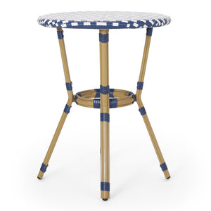 English Elm Christopher Knight Home® - FRENCH Bistro Table with Rattan Weave and Rust-Resistant Aluminum Frame, Parisian Outdoor Charm White+Blue 71421.00NBLU