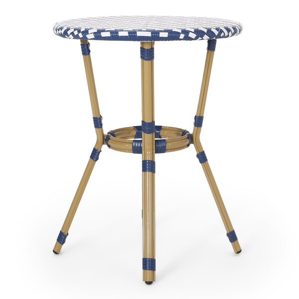 English Elm Christopher Knight Home® - FRENCH Bistro Table with Rattan Weave and Rust-Resistant Aluminum Frame, Parisian Outdoor Charm White+Blue 71421.00NBLU