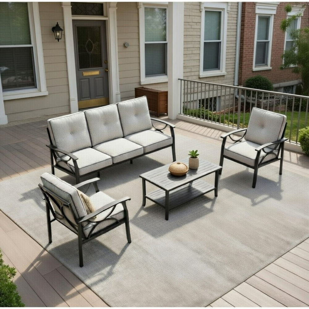 English Elm 4-piece Outdoor Steel Conversation Set Seats Five with Thick Foam Cushions Patio B082S00133