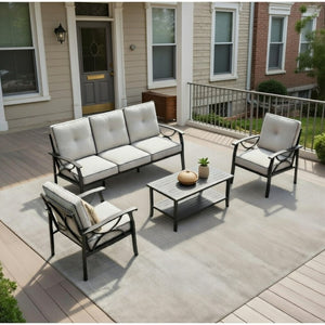 English Elm 4-piece Outdoor Steel Conversation Set Seats Five with Thick Foam Cushions Patio B082S00133
