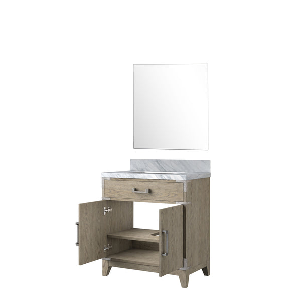 English Elm Grey Oak Single Bath Vanity With Carrara Marble Top & Mirror - 30" W Stylish Storage Solution B2731S01456