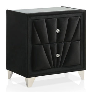 English Elm Gorgeous Art Deco Upholstered Nightstand with Velvet Finish, Glass Top, Crystal Knobs & Chrome Legs Black 29 L x 20 W x 25 H B2741P320907