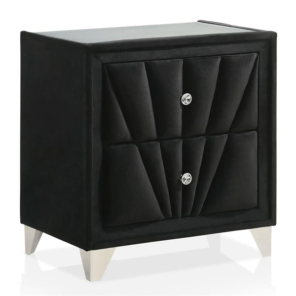 English Elm Gorgeous Art Deco Upholstered Nightstand with Velvet Finish, Glass Top, Crystal Knobs & Chrome Legs Black 29 L x 20 W x 25 H B2741P320907