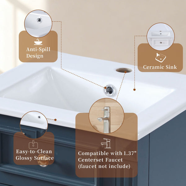 English Elm 18-inch French Country Freestanding Bathroom Vanity Rubberwood Cabinet with Ceramic Sink Blue N710P371187C