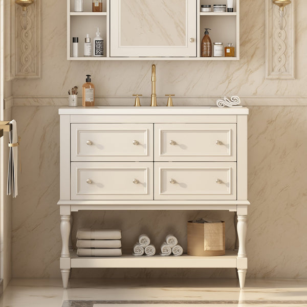 English Elm 36" Bathroom Vanity with Sink Combo, 36" Ceramic Undermount Basin, Solid Wood Frame, 4 Drawers, Waterproof Painted Finish Beige N710P250654Y