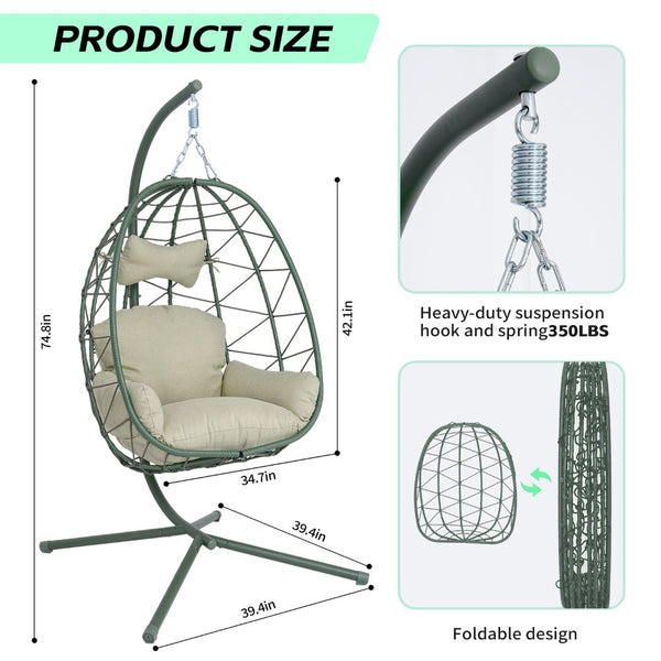 English Elm Hanging Egg Chair Pe Wicker Swing Seat with Stand Washable Cushion Patio Balcony T5880P497577