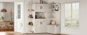 English Elm Multifunctional Modular Hall Tree Cabinet with Open Shelves and Hooks for Entryway Beige W1580S00565