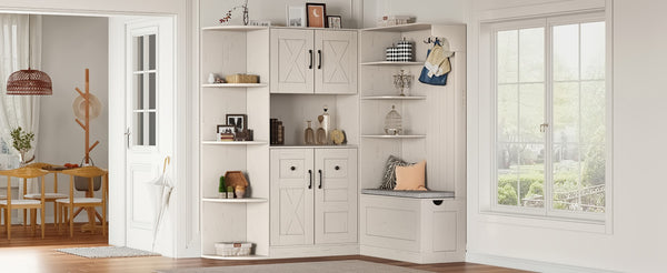 English Elm Multifunctional Modular Hall Tree Cabinet with Open Shelves and Hooks for Entryway Beige W1580S00565