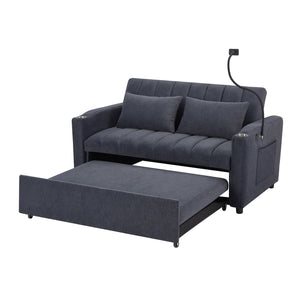 English Elm 55.9" Convertible Sofa Bed Loveseat with 3 USB Ports, Cup Holders, Side Pockets & 360° Phone Swivel Blue-gray WF322620AAC