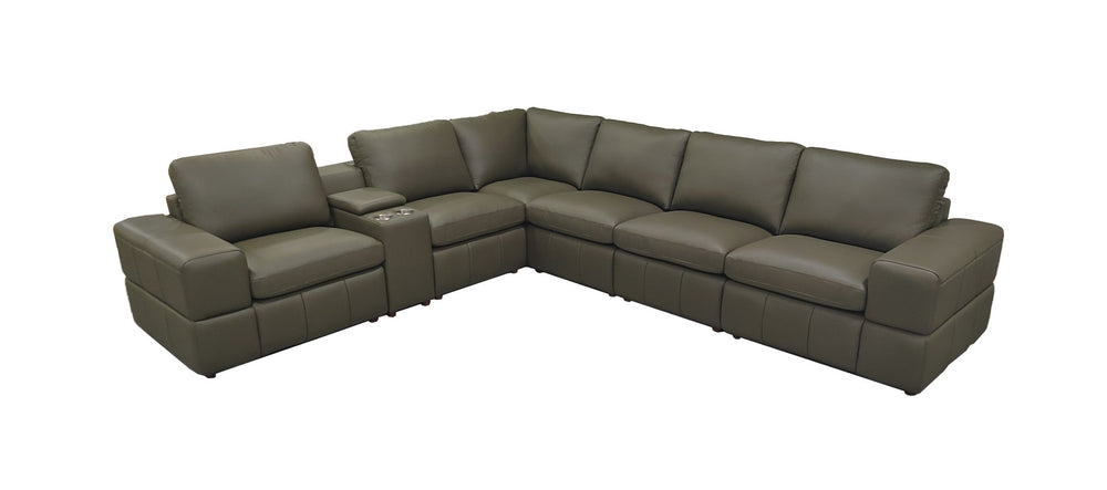 English Elm Premium Leather Match Sectional with Dual Recliners Square Arms and Console Storage Olive Green B2748S00145